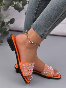 Women Rhinestone Fashion Glamorous Flat Sandals, Funky Orange Slide Sandals - Orange - View 2