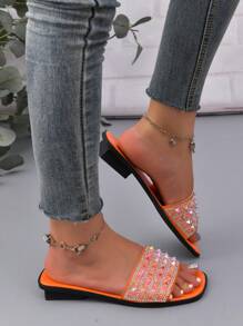 Women Rhinestone Fashion Glamorous Flat Sandals, Funky Orange Slide Sandals - Orange - View 5