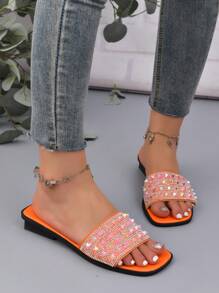 Women Rhinestone Fashion Glamorous Flat Sandals, Funky Orange Slide Sandals - Orange - View 6