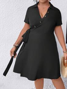 SHEIN Clasi Đầm Plus Size Thắt nút Trọn gói màu trơn Giải trí - màu đen - Xem 3