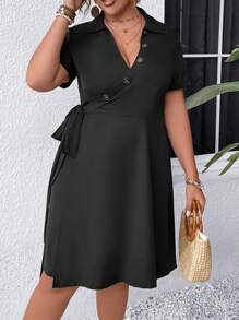SHEIN Clasi Đầm Plus Size Thắt nút Trọn gói màu trơn Giải trí - màu đen - Xem 4