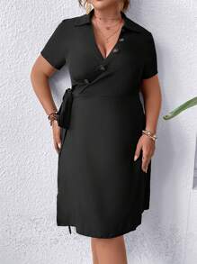 SHEIN Clasi Đầm Plus Size Thắt nút Trọn gói màu trơn Giải trí - màu đen - Xem 6