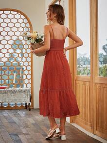 Simplee Button Front Ruffle Hem Cami Dress - Red - View 2