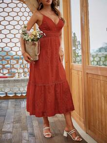 Simplee Button Front Ruffle Hem Cami Dress - Red - View 5