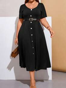 SHEIN Franclia Đầm Plus Size Nút phía trước màu trơn Giải trí - màu đen - Xem 3