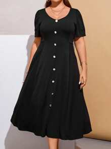 SHEIN Franclia Đầm Plus Size Nút phía trước màu trơn Giải trí - màu đen - Xem 4