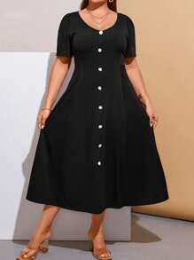 SHEIN Franclia Đầm Plus Size Nút phía trước màu trơn Giải trí - màu đen - Xem 5