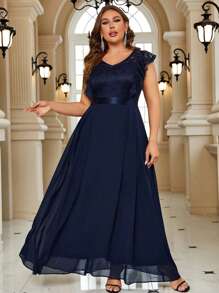 大碼蕾絲拼接荷葉邊雪紡正式長連衣裙 - 藏蓝色 - 查看 1