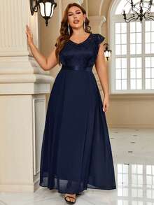 大碼蕾絲拼接荷葉邊雪紡正式長連衣裙 - 藏蓝色 - 查看 4