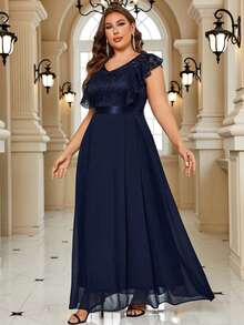 大碼蕾絲拼接荷葉邊雪紡正式長連衣裙 - 藏蓝色 - 查看 6