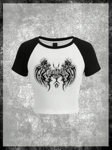 ROMWE PUNK Áo thun nữ Khối Màu Lá thư Giải trí - Đen và trắng - Xem 1