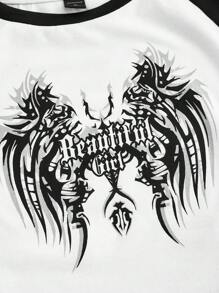 ROMWE PUNK Áo thun nữ Khối Màu Lá thư Giải trí - Đen và trắng - Xem 3