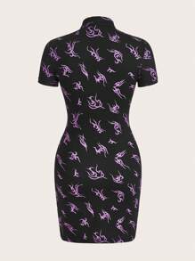 ROMWE PUNK 滿版印花前鏤空下擺開叉緊身連衣裙 - 黑色 - 查看 2