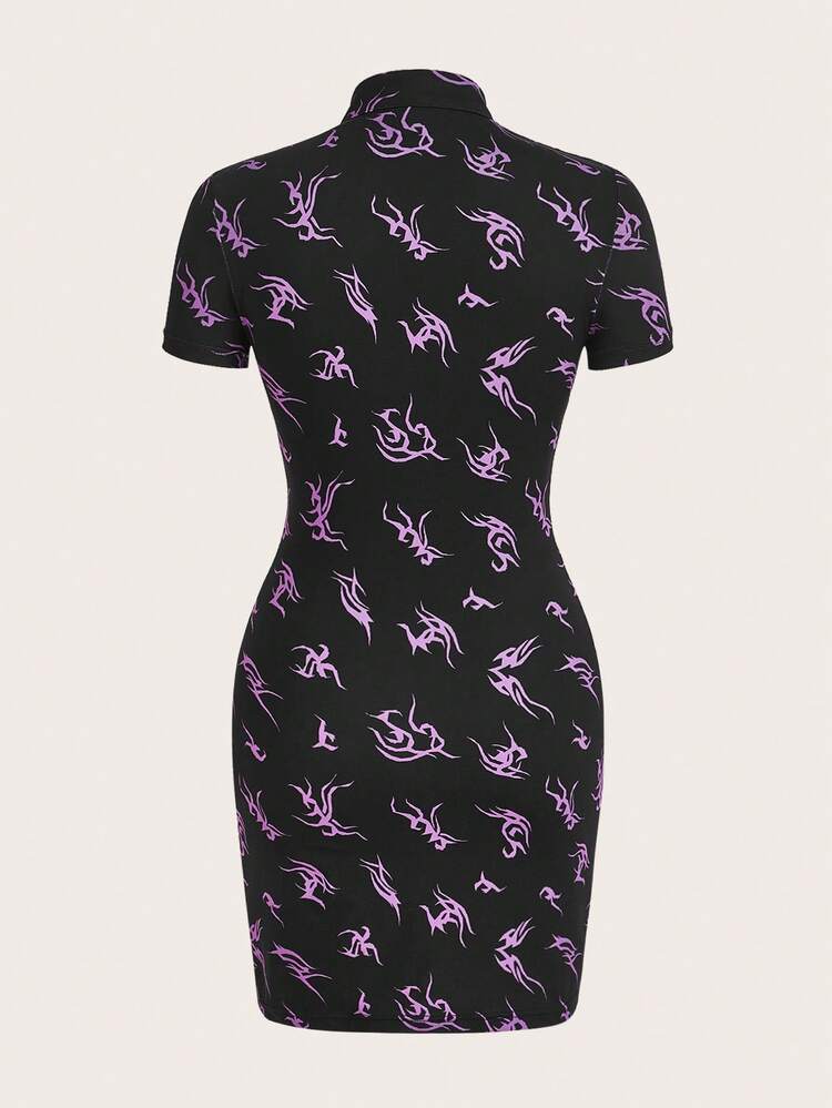 ROMWE PUNK 滿版印花前鏤空下擺開叉緊身連衣裙 - 黑色 - 查看 2