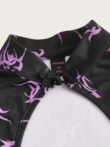 ROMWE PUNK 滿版印花前鏤空下擺開叉緊身連衣裙 - 黑色 - 查看 4