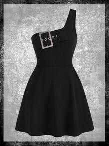 ROMWE PUNK 單肩帶扣細節洋裝 - 黑色 - 查看 1