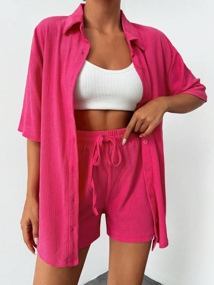 EURMUSE Solid Button Front Shirt & Drawstring Waist Shorts - Pink - View 1