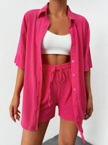 EURMUSE Solid Button Front Shirt & Drawstring Waist Shorts - Pink - View 4