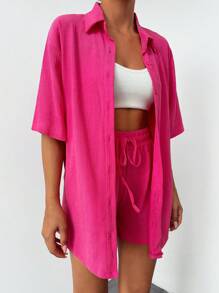 EURMUSE Solid Button Front Shirt & Drawstring Waist Shorts - Pink - View 6