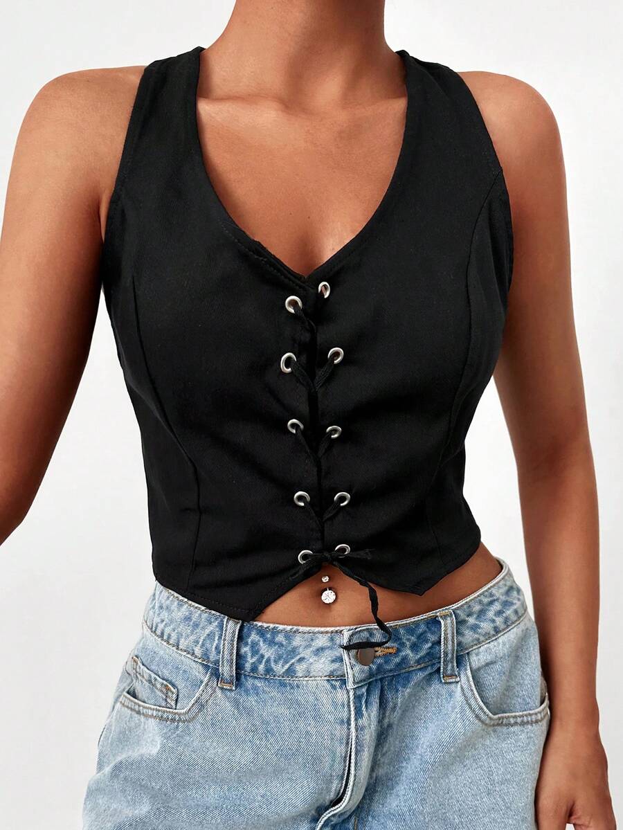 Cottnline 前繫帶短款背心 - 黑色 - 查看 1
