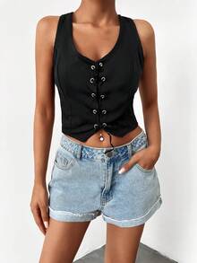 Cottnline 前繫帶短款背心 - 黑色 - 查看 3
