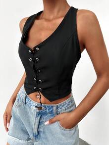 Cottnline 前繫帶短款背心 - 黑色 - 查看 5