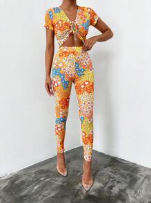 Floral Print Drawstring Front Crop Top & Leggings - Multicolor - View 1
