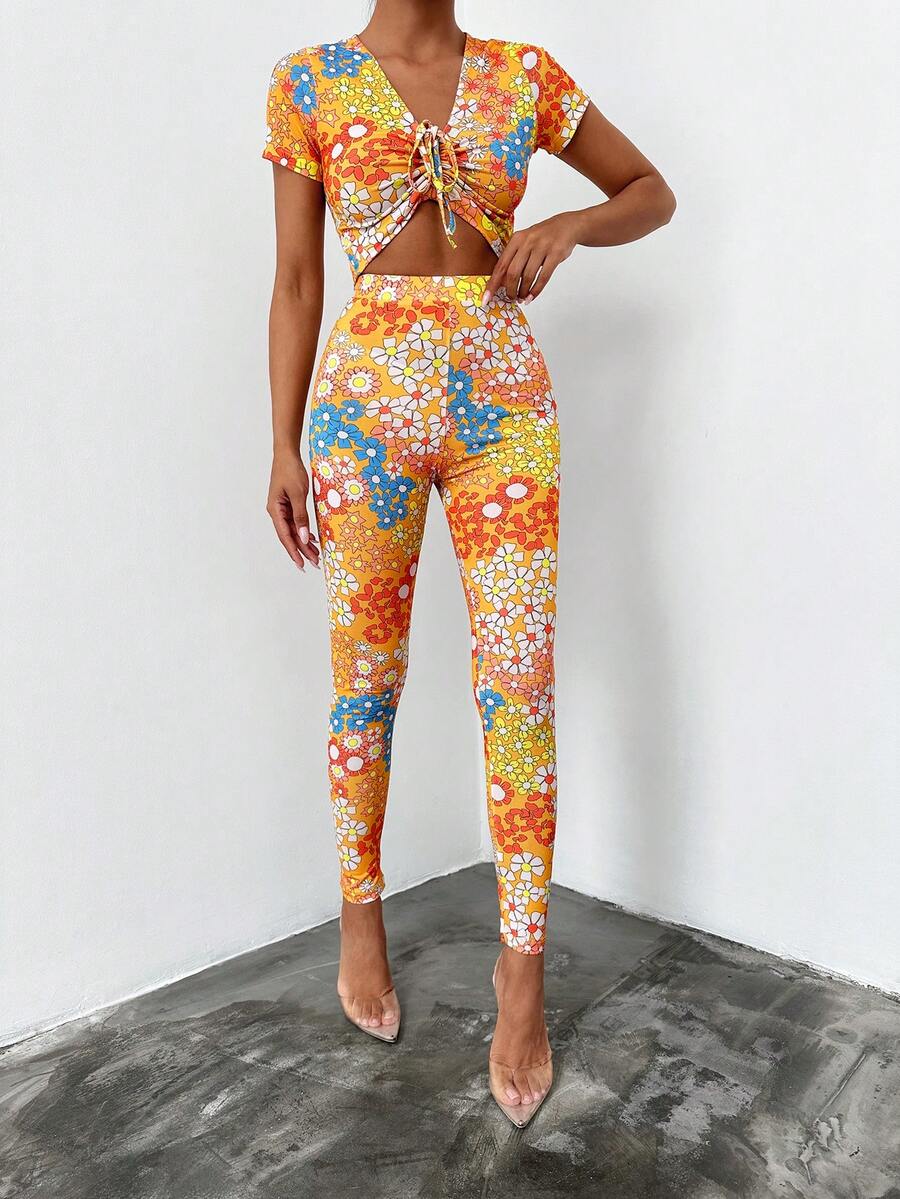 Floral Print Drawstring Front Crop Top & Leggings - Multicolor - View 1