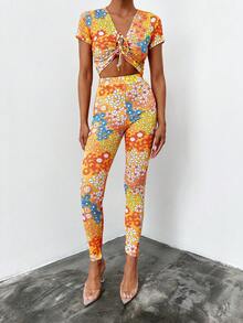 Floral Print Drawstring Front Crop Top & Leggings - Multicolor - View 4