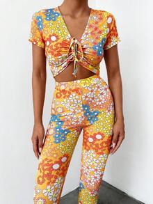 Floral Print Drawstring Front Crop Top & Leggings - Multicolor - View 5