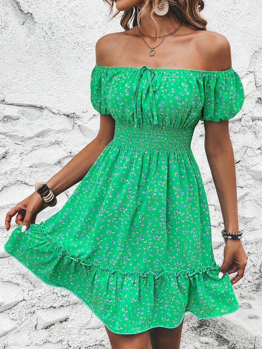 Breezaya Vestido con estampado floral de hombros descubiertos con nudo delantero bajo con fruncido - Verde - Ver 1