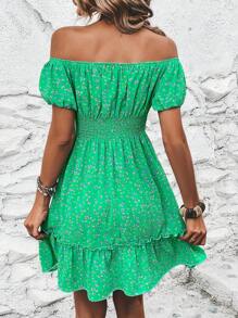 Breezaya Vestido con estampado floral de hombros descubiertos con nudo delantero bajo con fruncido - Verde - Ver 2