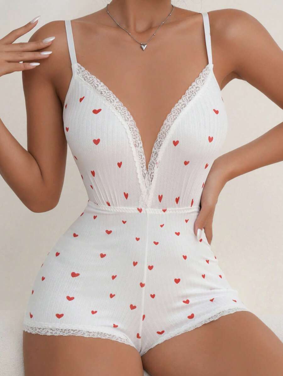 Heart Print Lace Trim Cami Romper - White - View 1