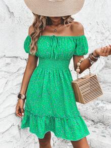 Breezaya Vestido con estampado floral de hombros descubiertos con nudo delantero bajo con fruncido - Verde - Ver 5