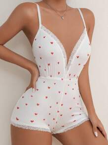 Heart Print Lace Trim Cami Romper - White - View 4