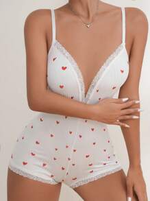 Heart Print Lace Trim Cami Romper - White - View 5