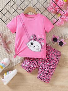 SHEIN Young Girl Cartoon Graphic Tee & Leopard Print Shorts - Hot Pink - View 1