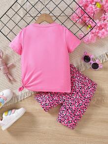 SHEIN Young Girl Cartoon Graphic Tee & Leopard Print Shorts - Hot Pink - View 2