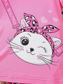 SHEIN Young Girl Cartoon Graphic Tee & Leopard Print Shorts - Hot Pink - View 4