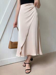 DAZY High Waist Wrap Hem Skirt - Beige - View 3