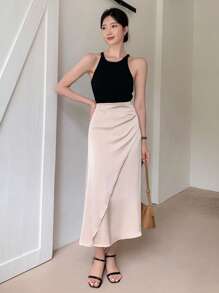 DAZY High Waist Wrap Hem Skirt - Beige - View 4