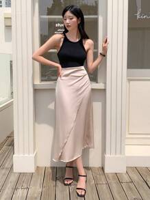 DAZY High Waist Wrap Hem Skirt - Beige - View 5