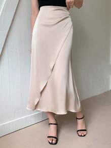 DAZY High Waist Wrap Hem Skirt - Beige - View 8