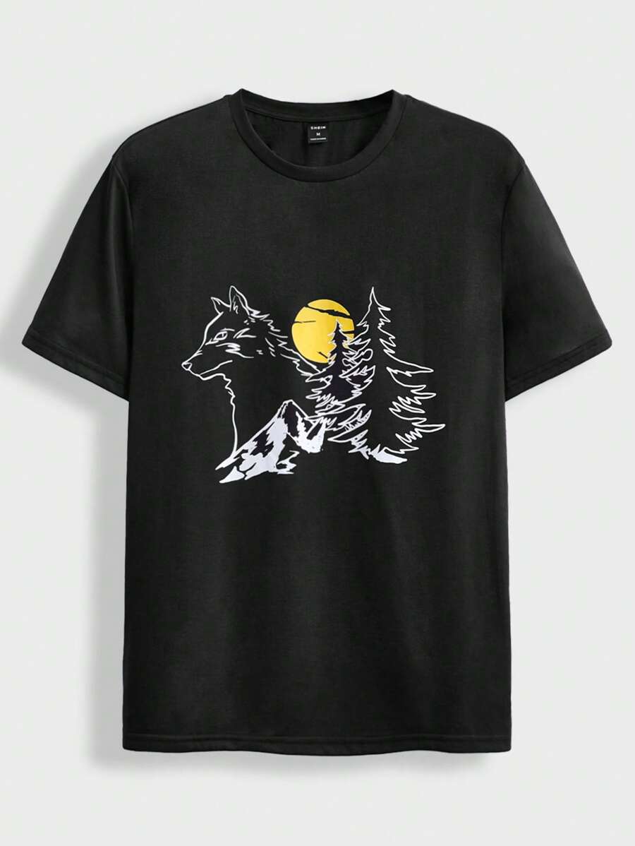 GENTILAND Nam chó sói & Cây in Áo thun - màu đen - Xem 1