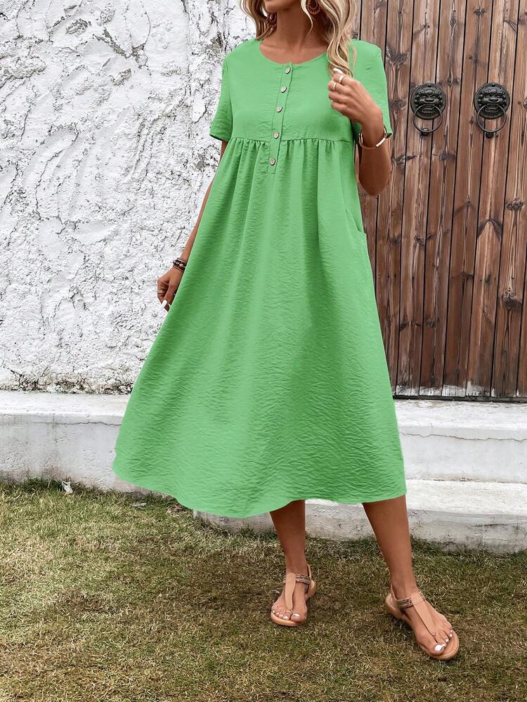 EMERY ROSE เดรส สม็อค สีพื้น กระดุมด้านหน้า - สีเขียว - ดู 5