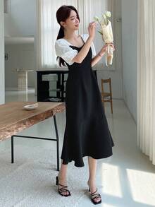 DAZY 撞色方領泡泡袖連衣裙 - 黑色 - 查看 7