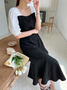 DAZY 撞色方領泡泡袖連衣裙 - 黑色 - 查看 8