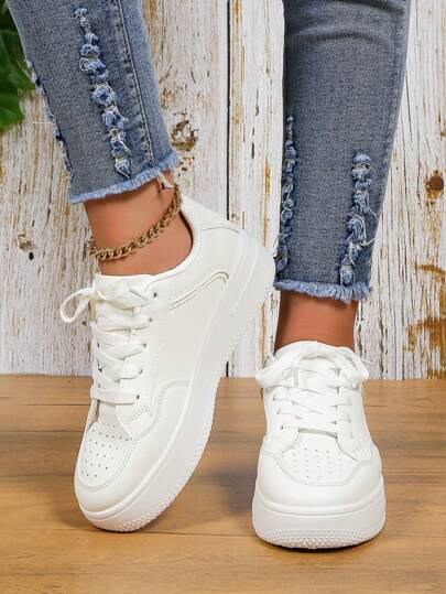 Women Thick Sole Contrast Color Round Toe Lace Up White Casual Sneakers, Fashionable Spring Autumn New Minimalist Leisure Shoes