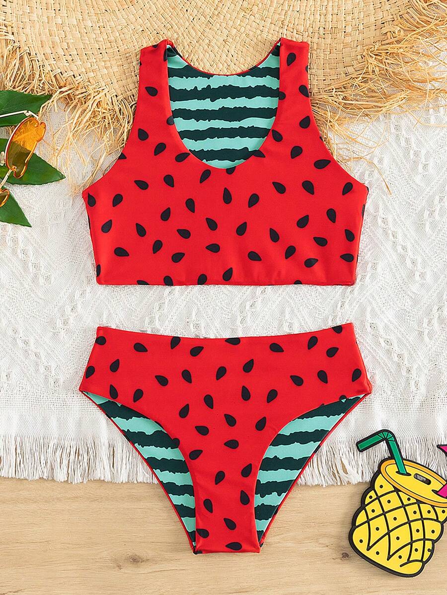 年轻女孩西瓜印花比基尼套装夏日海滩 - 紅色 - 查看 1