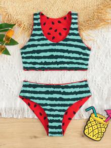 年轻女孩西瓜印花比基尼套装夏日海滩 - 紅色 - 查看 2